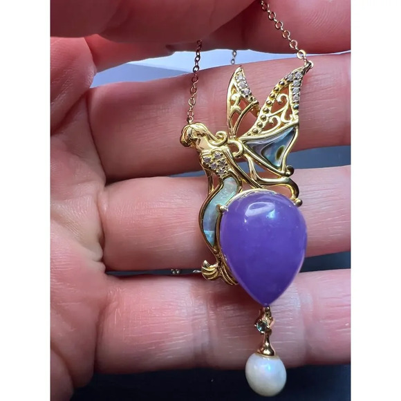 Fairy mermaid jadeite abalone and pearl pendant and chain in gold over sterling - Picture 4 of 11
